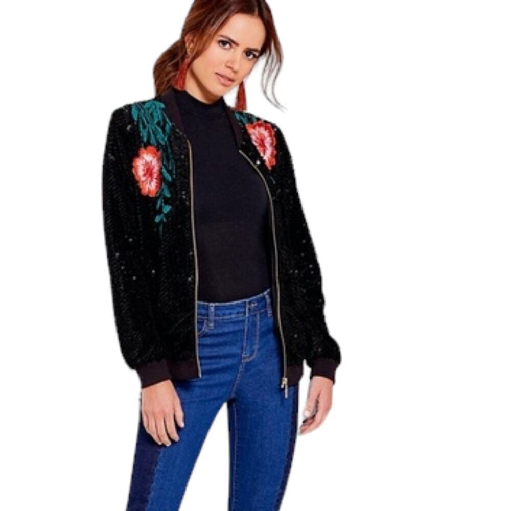 GIANNI BINI Embroidered Velvet Sequins Floral Bomber Jacket Size Small